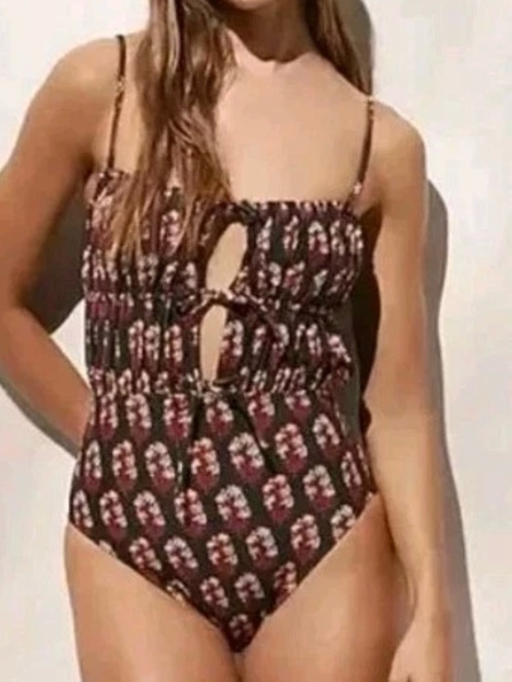 J Crew Ruched Cutout One Piece Swimsuit Cocoa Block Print Sz 8 - Picture 7 of 7